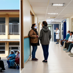 ** A split-screen image. On one side, a long queue of people waiting outside a public hospital (FONASA), with a somewhat tired or worried look on their faces. On the other side, a modern, brightly lit private clinic (ISAPRE) with comfortable seating and few patients, showcasing a sense of efficiency and comfort. The overall tone should emphasize the difference in access and waiting times.

**