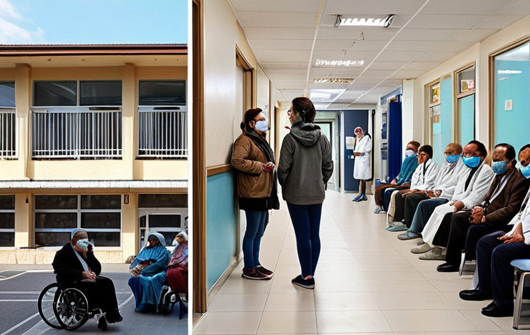 ** A split-screen image. On one side, a long queue of people waiting outside a public hospital (FONASA), with a somewhat tired or worried look on their faces. On the other side, a modern, brightly lit private clinic (ISAPRE) with comfortable seating and few patients, showcasing a sense of efficiency and comfort. The overall tone should emphasize the difference in access and waiting times.

**