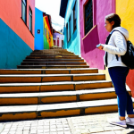 A professional female photographer, wearing modest, practical, and stylish layered clothing suitable for exploring, such as dark jeans, a comfortable sweater, and a light jacket, walking through a narrow, winding street in Valparaíso, Chile. The street is surrounded by vibrant, multi-colored street art and murals covering old, charming houses. One prominent mural subtly incorporates a small, integrated QR code or abstract digital pattern, hinting at interactive art. Steep, painted stairs lead upwards in the background. The image should convey a sense of artistic curiosity and exploration. Professional photography, high resolution, perfect anatomy, correct proportions, natural pose, well-formed hands, proper finger count, natural body proportions, safe for work, appropriate content, fully clothed, modest clothing, family-friendly.
