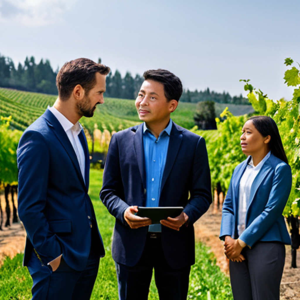 **Prompt:** A diverse group of professional individuals, including a modern agronomist examining vibrant grapes, a tech innovator looking at a holographic data display, and a financial analyst reviewing charts. They are in a dynamic, clean environment that subtly blends a lush vineyard and a futuristic office space, emphasizing economic diversification. All subjects are fully clothed in professional, modest business attire. The image should convey prosperity and forward-thinking. Perfect anatomy, correct proportions, natural pose, well-formed hands, proper finger count, natural body proportions, safe for work, appropriate content, family-friendly, high-resolution, professional photography, natural lighting.