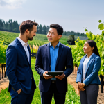 **Prompt:** A diverse group of professional individuals, including a modern agronomist examining vibrant grapes, a tech innovator looking at a holographic data display, and a financial analyst reviewing charts. They are in a dynamic, clean environment that subtly blends a lush vineyard and a futuristic office space, emphasizing economic diversification. All subjects are fully clothed in professional, modest business attire. The image should convey prosperity and forward-thinking. Perfect anatomy, correct proportions, natural pose, well-formed hands, proper finger count, natural body proportions, safe for work, appropriate content, family-friendly, high-resolution, professional photography, natural lighting.