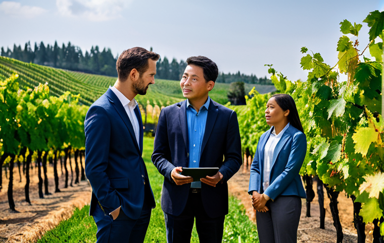 **Prompt:** A diverse group of professional individuals, including a modern agronomist examining vibrant grapes, a tech innovator looking at a holographic data display, and a financial analyst reviewing charts. They are in a dynamic, clean environment that subtly blends a lush vineyard and a futuristic office space, emphasizing economic diversification. All subjects are fully clothed in professional, modest business attire. The image should convey prosperity and forward-thinking. Perfect anatomy, correct proportions, natural pose, well-formed hands, proper finger count, natural body proportions, safe for work, appropriate content, family-friendly, high-resolution, professional photography, natural lighting.