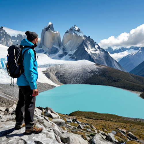 Patagonian Landscape with Hiker**

A lone hiker, fully clothed in appropriate hiking gear (waterproof jacket, hiking pants, backpack), stands on a rocky outcrop overlooking a vast Patagonian landscape. In the background are towering granite peaks dusted with snow, and a turquoise glacial lake stretches into the distance. The sky is a dramatic mix of clouds and sunlight. Safe for work, appropriate content, professional landscape photography, perfect anatomy (for the hiker), natural proportions, well-formed hands, proper finger count, modest attire, family-friendly.

**