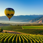 Colchagua Valley Hot Air Balloon Ride**

"A breathtaking panoramic view of the Colchagua Valley vineyards from a hot air balloon at sunrise, rolling hills covered in grapevines, patchwork fields of green and gold, Andes Mountains in the distance, soft, warm light, fully clothed tourists enjoying the view, appropriate attire, safe for work, perfect anatomy, correct proportions, natural pose, professional photography, high quality, family-friendly."

**