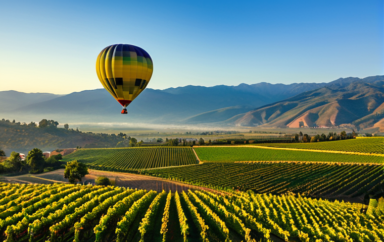 Colchagua Valley Hot Air Balloon Ride**
"A breathtaking panoramic view of the Colchagua Valley vineyards from a hot air balloon at sunrise, rolling hills covered in grapevines, patchwork fields of green and gold, Andes Mountains in the distance, soft, warm light, fully clothed tourists enjoying the view, appropriate attire, safe for work, perfect anatomy, correct proportions, natural pose, professional photography, high quality, family-friendly."
**