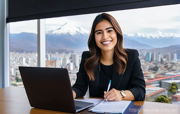 칠레에서 일하기 위한 비자 종류 - **Prompt: "New Beginnings in Chile: A Professional's Confident Start"**
A smiling young woman, m...