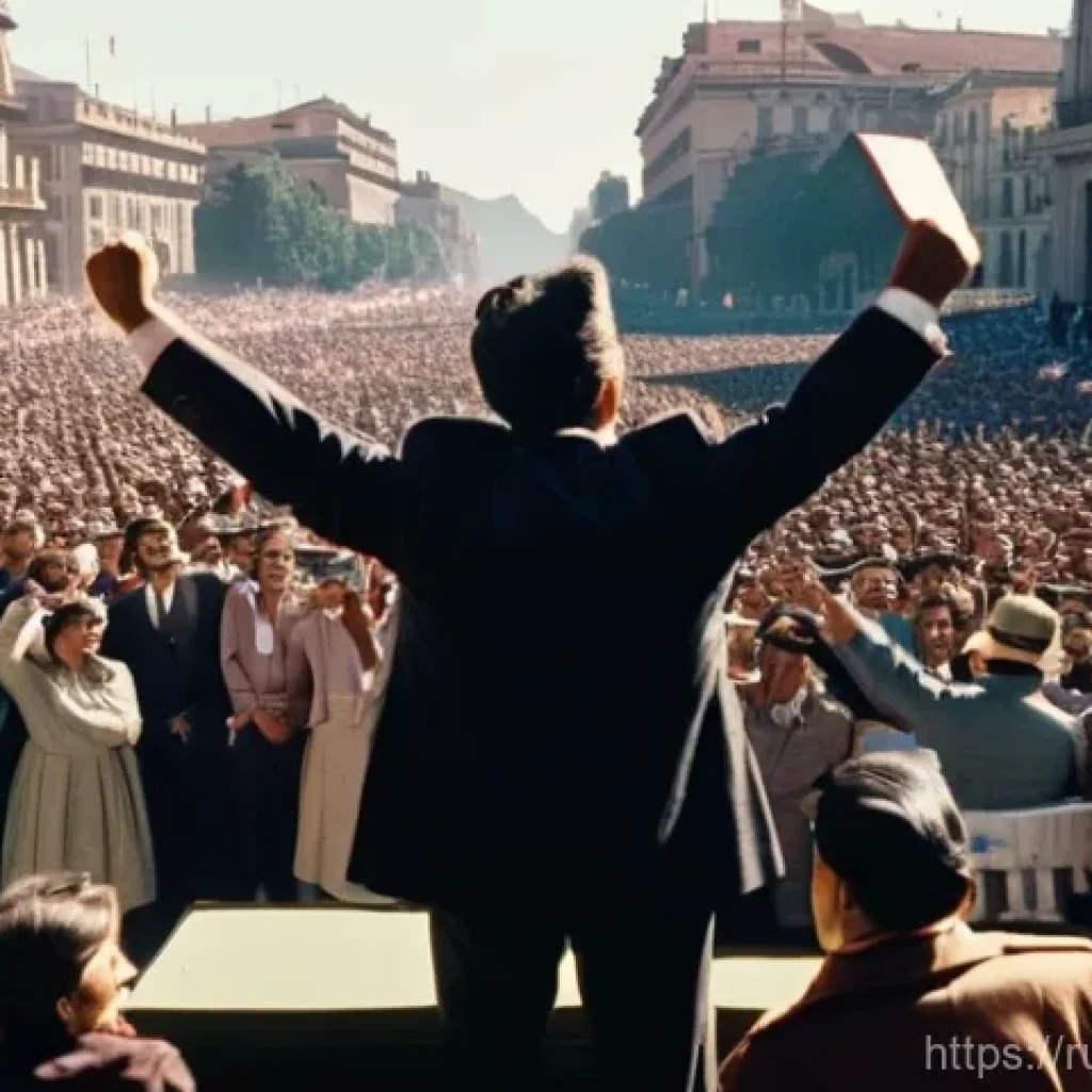 살바도르 아옌데 정책 - A vibrant, wide-angle shot of a jubilant crowd celebrating in a historical Santiago square in 1970, ...