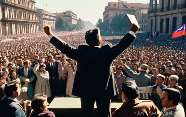 살바도르 아옌데 정책 - A vibrant, wide-angle shot of a jubilant crowd celebrating in a historical Santiago square in 1970, ...