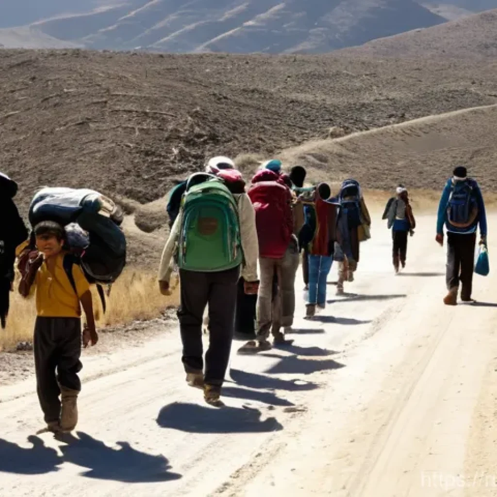 칠레 내 난민 문제와 국제 관계 - **A Resilient Journey Towards Hope:** A poignant, wide-angle shot of a diverse group of migrants, in...
