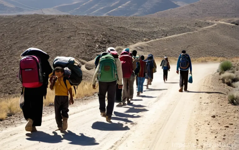 칠레 내 난민 문제와 국제 관계 - **A Resilient Journey Towards Hope:** A poignant, wide-angle shot of a diverse group of migrants, in...