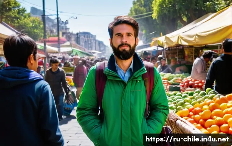 칠레 치안 수준 분석 - **Prompt:** A vibrant, bustling street market scene in Santiago, Chile, during the daytime. A male t...
