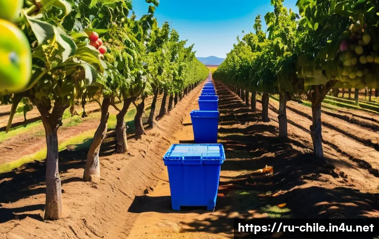 칠레와 한국의 무역 협정 - A vibrant scene of Chilean fruit farmers in a sunlit orchard, harvesting ripe apples and grapes, wit...