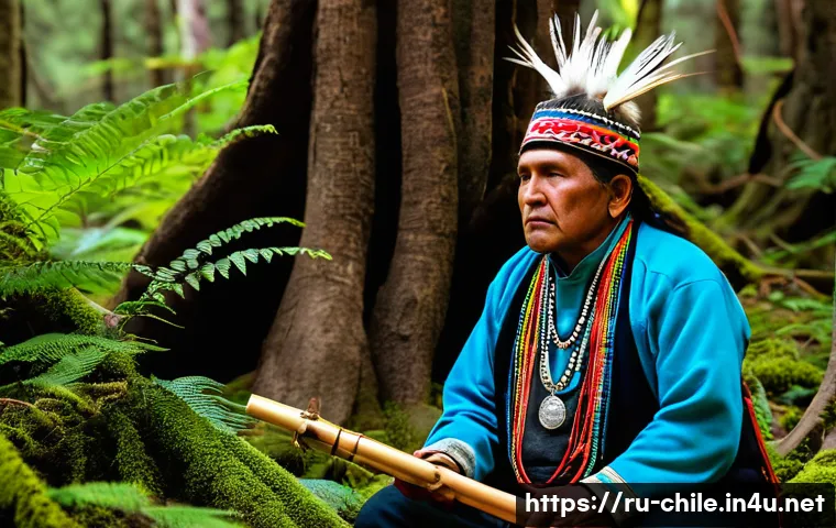 칠레 원주민 마푸체족 역사 - A detailed scene of a Mapuche spiritual ceremony called “pilmay” taking place in a lush forest clear...