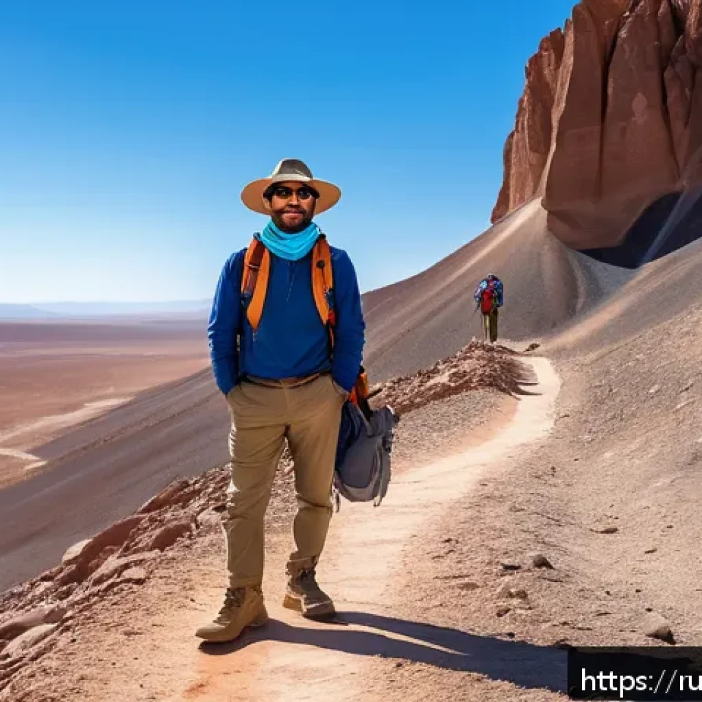 칠레 날씨와 계절별 옷차림 - A traveler standing in the Atacama Desert during daytime, wearing lightweight cotton clothing with l...