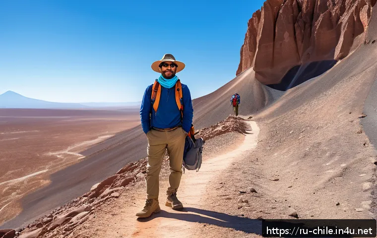 칠레 날씨와 계절별 옷차림 - A traveler standing in the Atacama Desert during daytime, wearing lightweight cotton clothing with l...