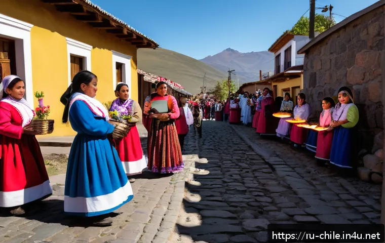칠레 종교와 가톨릭 문화 - A vibrant Chilean Easter procession in a small village, featuring families dressed in modest traditi...