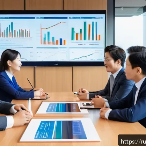 Home 32 칠레와 한국의 외교 관계 - A dynamic business meeting scene between Chilean and South Korean professionals in a modern conferen...