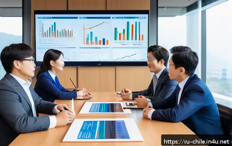칠레와 한국의 외교 관계 - A dynamic business meeting scene between Chilean and South Korean professionals in a modern conferen...
