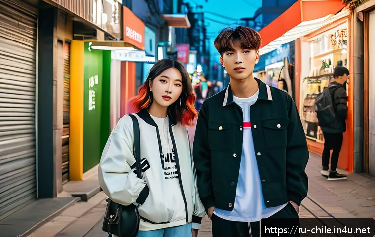 칠레에서 한국 드라마 인기 작품 - A vibrant street scene in Santiago, Chile, featuring young adults inspired by Korean drama fashion t...