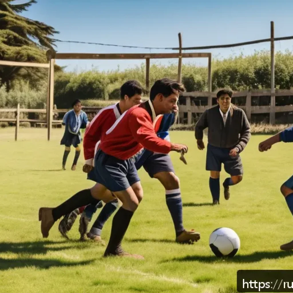 칠레 축구 대표팀 역사 - A vibrant early 20th-century Chilean football scene showing British workers and local Chilean men pl...