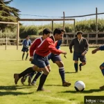 Home 18 칠레 축구 대표팀 역사 - A vibrant early 20th-century Chilean football scene showing British workers and local Chilean men pl...