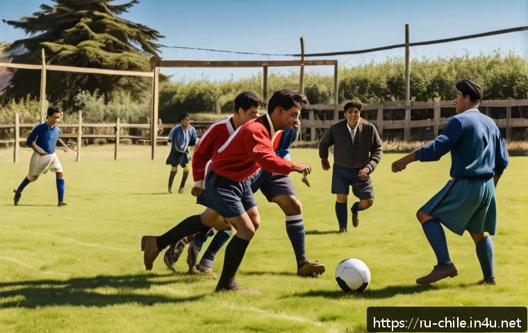 칠레 축구 대표팀 역사 - A vibrant early 20th-century Chilean football scene showing British workers and local Chilean men pl...