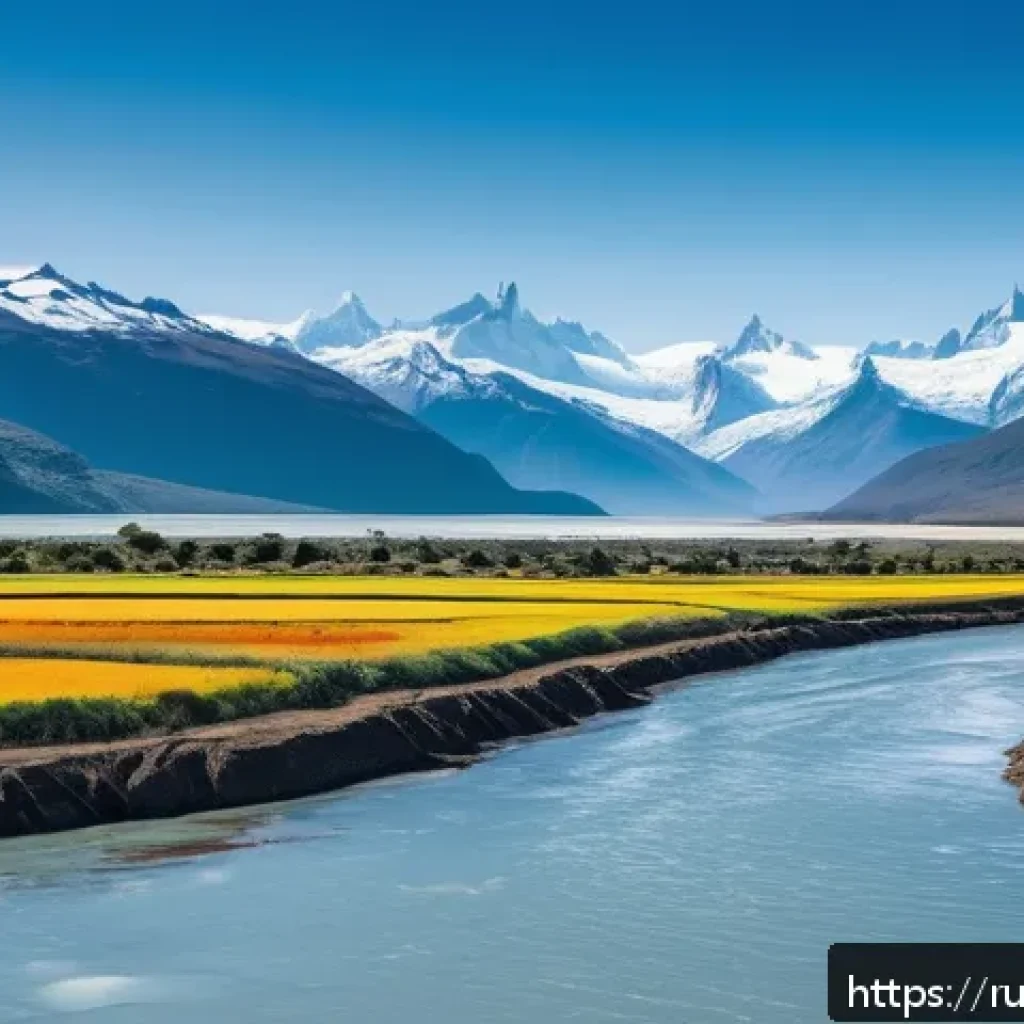 칠레의 기후 변화와 환경 문제 - A panoramic view of the Patagonian landscape featuring rapidly retreating glaciers flowing into a ri...
