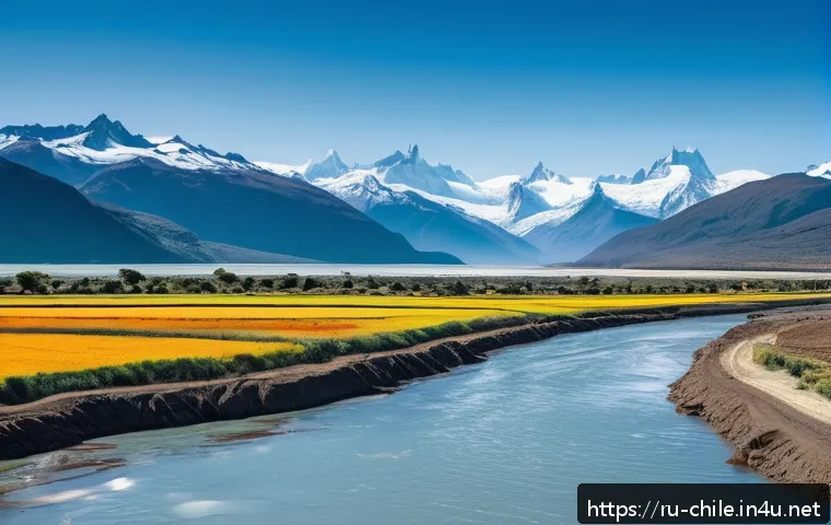 칠레의 기후 변화와 환경 문제 - A panoramic view of the Patagonian landscape featuring rapidly retreating glaciers flowing into a ri...
