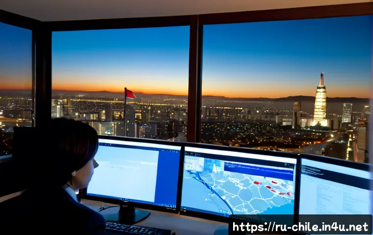 Home 17 칠레의 사이버 보안 문제 - Photorealistic cybersecurity operations room in Santiago, Chile, a focused Chilean IT analyst monito...